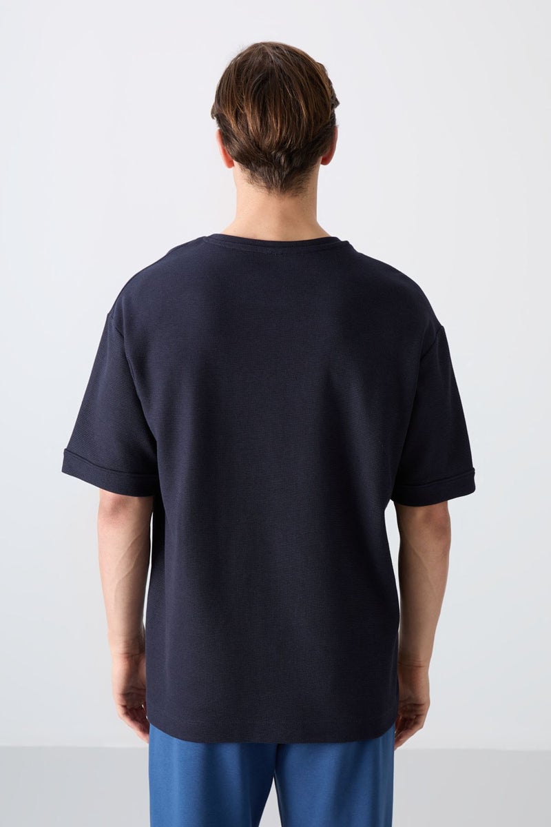 Tommy Life Navy Blue Cotton Thick Surface Textured Oversize Fit Basic Men's T-Shirt - 88339  - Image 5