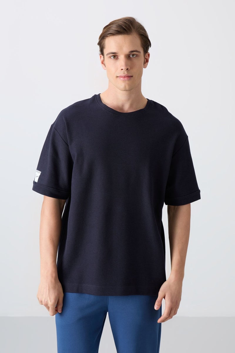 Tommy Life Navy Blue Cotton Thick Surface Textured Oversize Fit Basic Men's T-Shirt - 88339  - Image 1