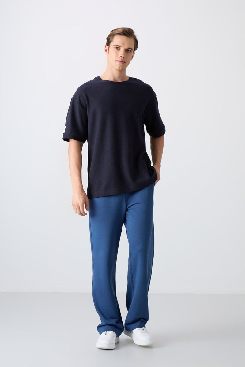 Tommy Life Navy Blue Cotton Thick Surface Textured Oversize Fit Basic Men's T-Shirt - 88339  - Image 3