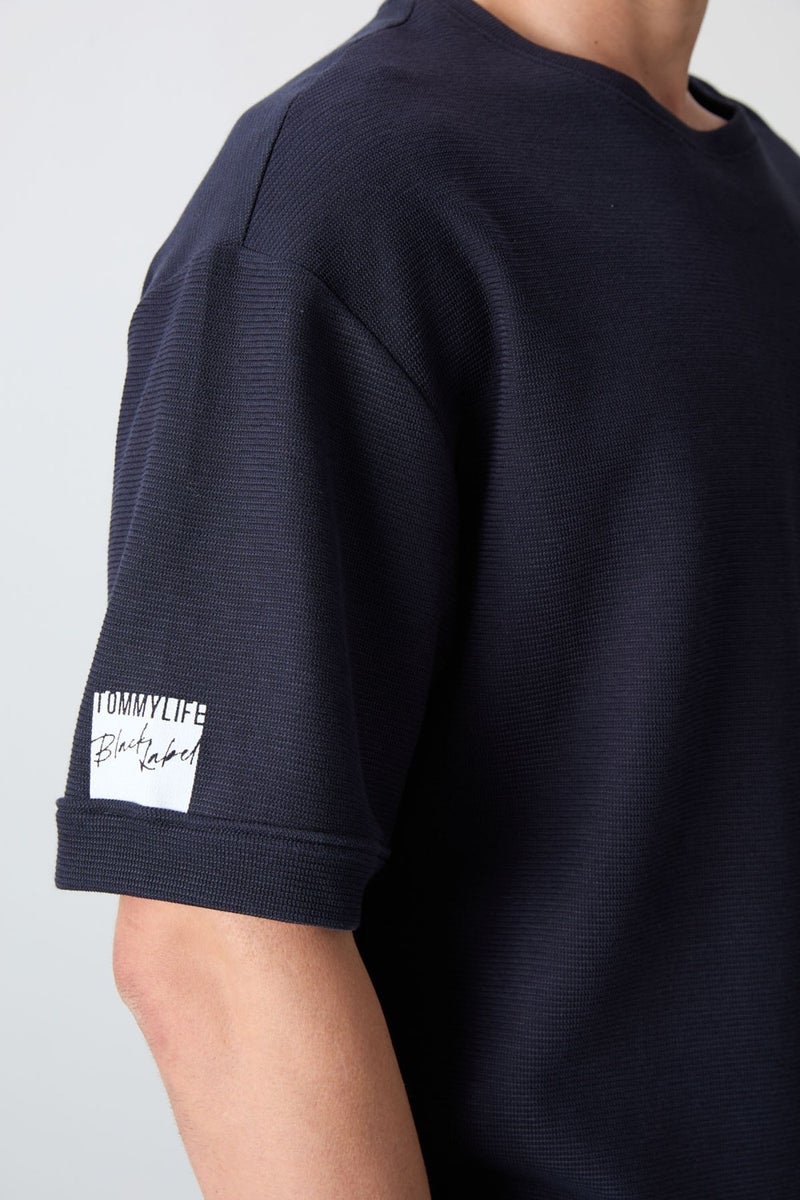 Tommy Life Navy Blue Cotton Thick Surface Textured Oversize Fit Basic Men's T-Shirt - 88339  - Image 2