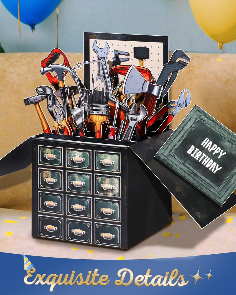 JMHACHY Birthday Pop Up Card with Envelope - Funny Happy Birthday 3D Greeting Pop Up Card, Best Gifts for Men Dad Husband Grandpa Father Daddy Him, Unique 3D Design, Metal Toolbox - Image 4