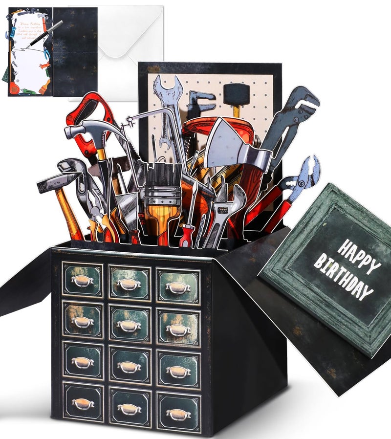 JMHACHY Birthday Pop Up Card with Envelope - Funny Happy Birthday 3D Greeting Pop Up Card, Best Gifts for Men Dad Husband Grandpa Father Daddy Him, Unique 3D Design, Metal Toolbox - Image 1