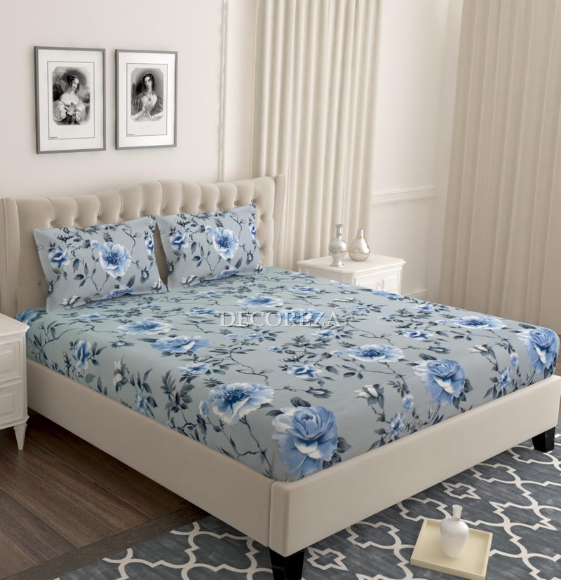 DECOREZA 280 TC Cotton Feel All Around Elastic Premium Fitted Bedsheets, Elastic Fitted Bedsheets Queen Size Bedsheet for Double Bed with 2 Pillow Covers, Size - 78 x 60 x 10 Inches, (Grey Frossy) - Image 1