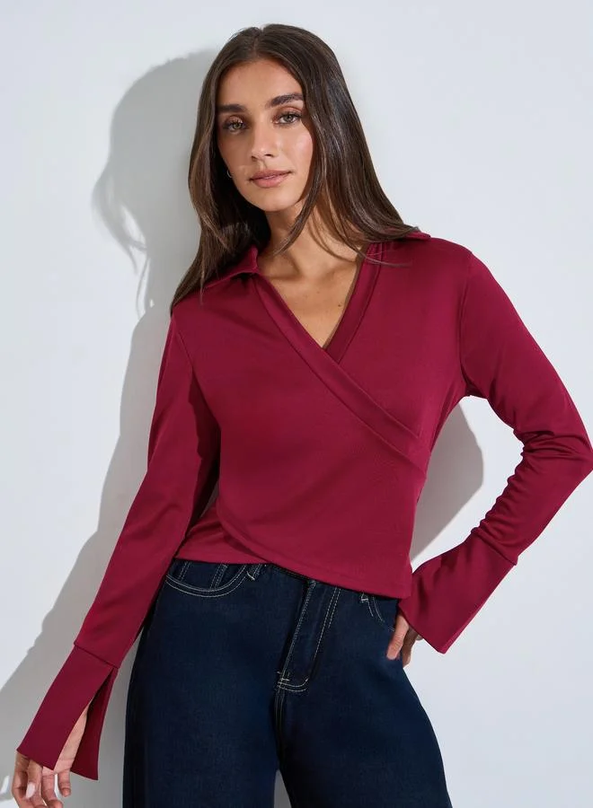 ستايلي Burgundy Flared Long Sleeve Wrap Top