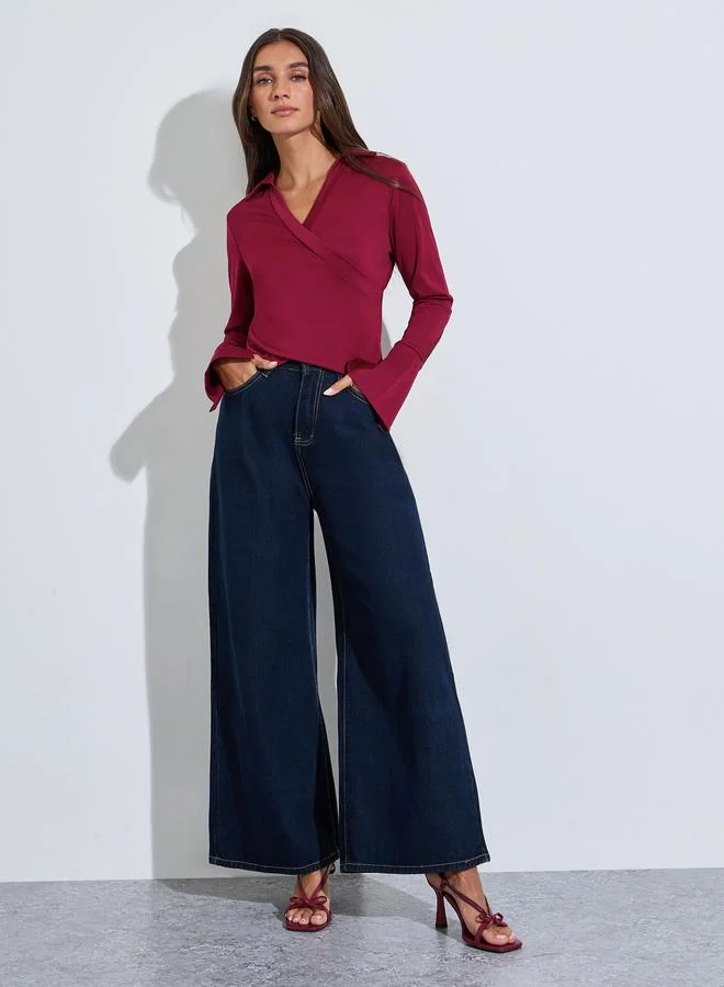 ستايلي Burgundy Flared Long Sleeve Wrap Top