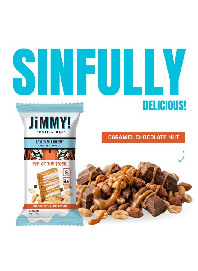 JIMMYBAR جي إم إم واي بار! - عين النمر بار الشوكولاتة الكراميل بالفول السوداني - 25 جرام بروتين بار - 6 جرام سكر منخفض - 12 قطعة - 60 جرام بار صحي - وجبة خفيفة وظيفية مع فول سوداني حقيقي وشوكولاتة مصبوبة باليد - Image 5