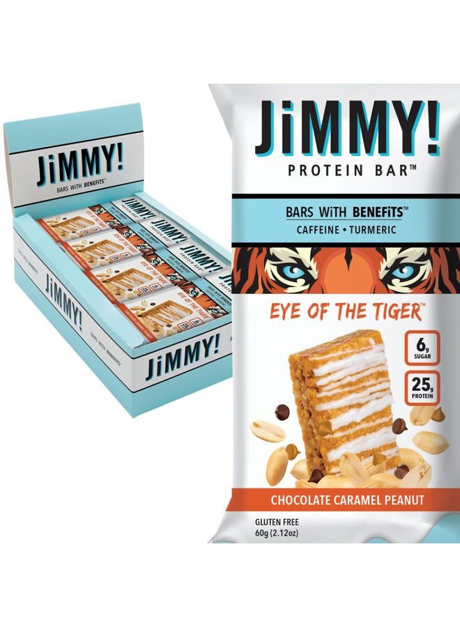 JIMMYBAR جي إم إم واي بار! - عين النمر بار الشوكولاتة الكراميل بالفول السوداني - 25 جرام بروتين بار - 6 جرام سكر منخفض - 12 قطعة - 60 جرام بار صحي - وجبة خفيفة وظيفية مع فول سوداني حقيقي وشوكولاتة مصبوبة باليد - Image 1