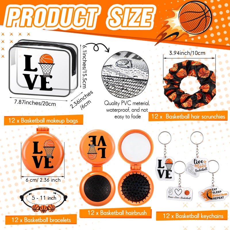 Meanplan 60 Pcs Basketball Party Favors Team Gifts for Players with 12 Set Bracelets Keychains Makeup Bag Mini Brush with Mirror Hair Scrunchies for Sport Party Supplies - Image 3