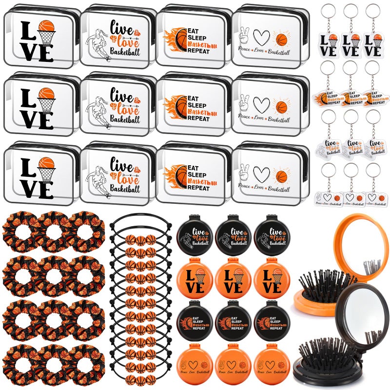 Meanplan 60 Pcs Basketball Party Favors Team Gifts for Players with 12 Set Bracelets Keychains Makeup Bag Mini Brush with Mirror Hair Scrunchies for Sport Party Supplies - Image 1