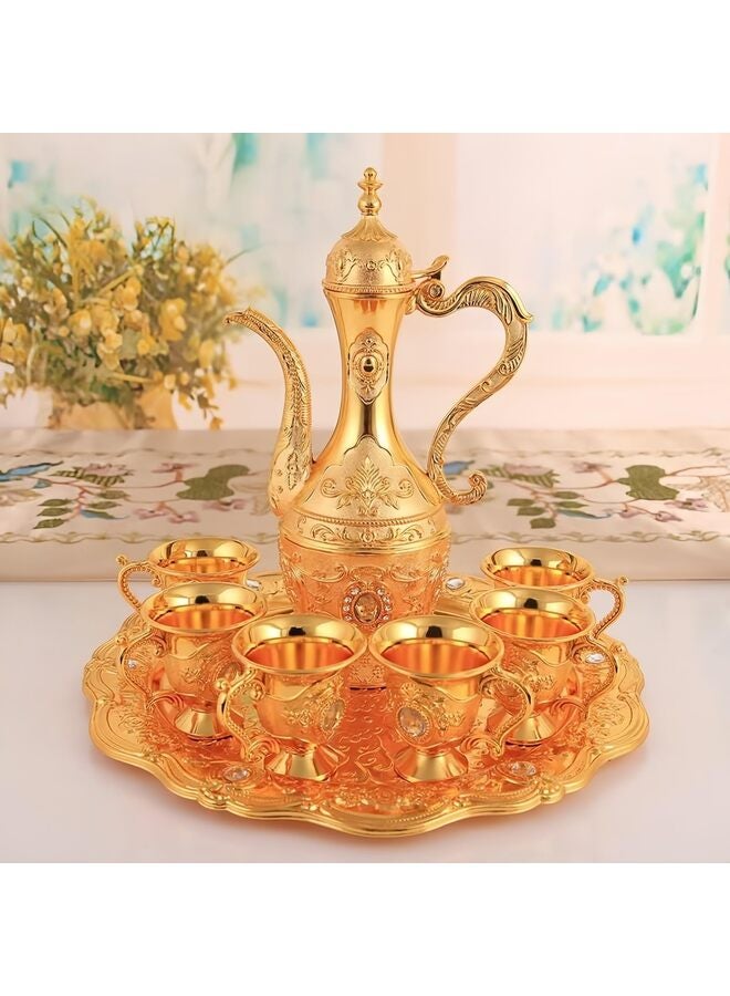 8 Pcs Vintage Turkish Coffee Pot Cups Set with Tray and 6 Cups Retro Coffee Pot Cups Set Exquisite Wine Pot Set Decorative Vintage Tea Service Set for Home Party Decor(Gold) - Image 4