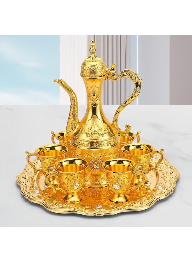8 Pcs Vintage Turkish Coffee Pot Cups Set with Tray and 6 Cups Retro Coffee Pot Cups Set Exquisite Wine Pot Set Decorative Vintage Tea Service Set for Home Party Decor(Gold) - Image 5