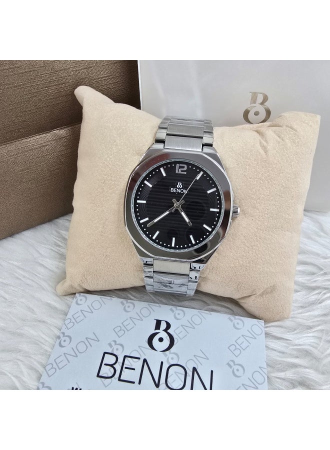 BENON men's watch featuring a dark blue dial and a silver stainless steel bracelet