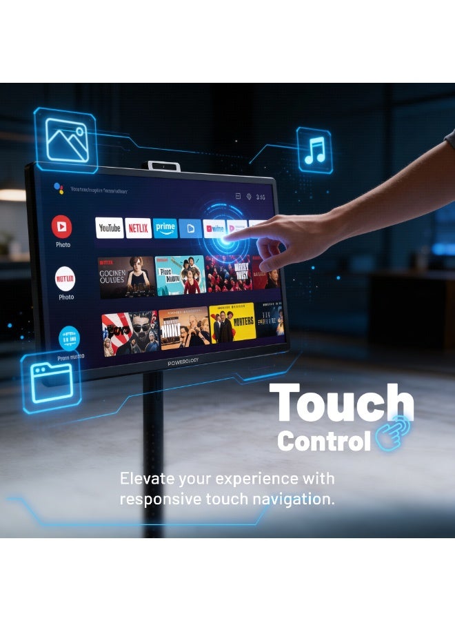 Powerology 32” Portable Smart Touch Screen Monitor 60Hz HD 1080p, Touch Control, HDMI & USB-C Horizontal & Vertical, Remote Control Included, Tilt Adjustment for Home Theater/Office/Outdoor, Arabic & Google Play - Image 2