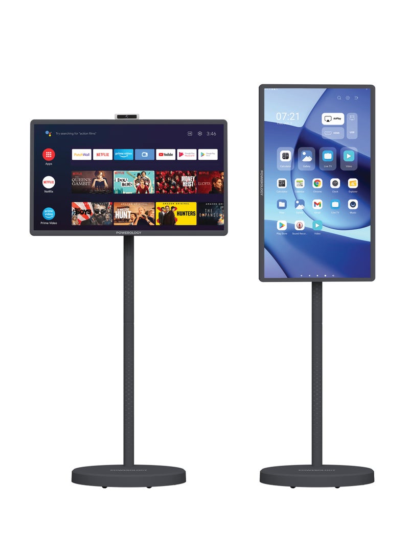 Powerology 32” Portable Smart Touch Screen Monitor 60Hz HD 1080p, Touch Control, HDMI & USB-C Horizontal & Vertical, Remote Control Included, Tilt Adjustment for Home Theater/Office/Outdoor, Arabic & Google Play - Image 1