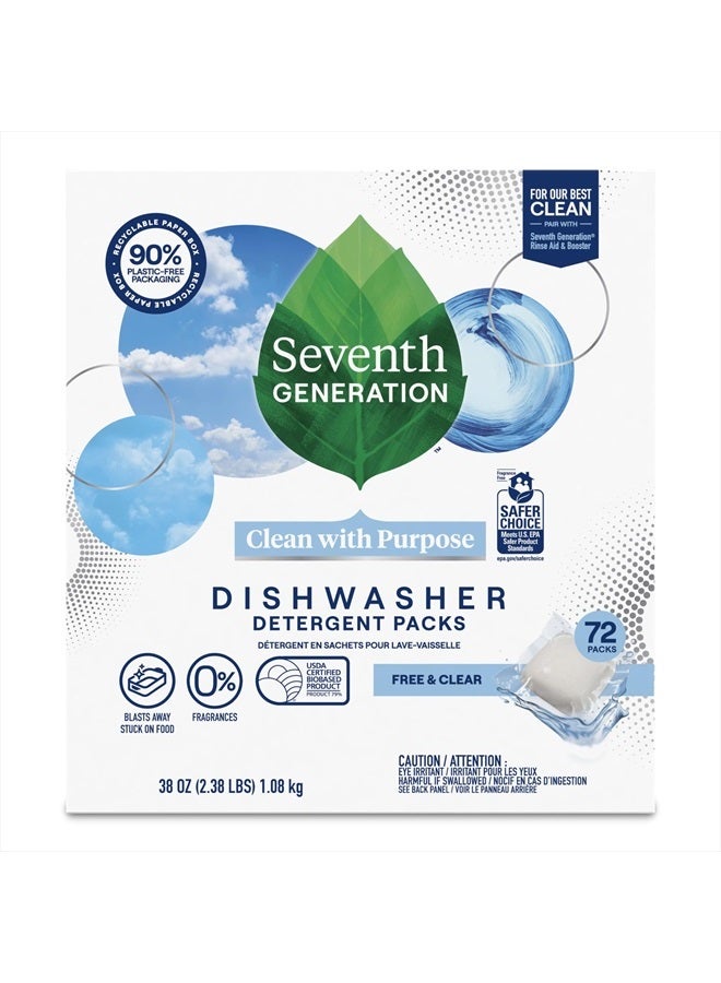 Seventh Generation Dishwasher Detergent Packs for sparkling dishes Free & Clear Dishwasher Tabs, 72 Count (Pack of 1)  - Image 1