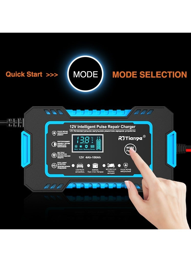 Generic RJTianye Car Battery Charger Smart Battery Trickle Full Automatic Automotive 12V Pulse Repair LED Display Smart Fast Charge Deep Cycle Lead-Acid Charger Maintainer Desulfator with Temperature Compensation for Car Truck Motorcycle Lawn Mower Marine RJ-C 120501A (Blue)  - Image 3