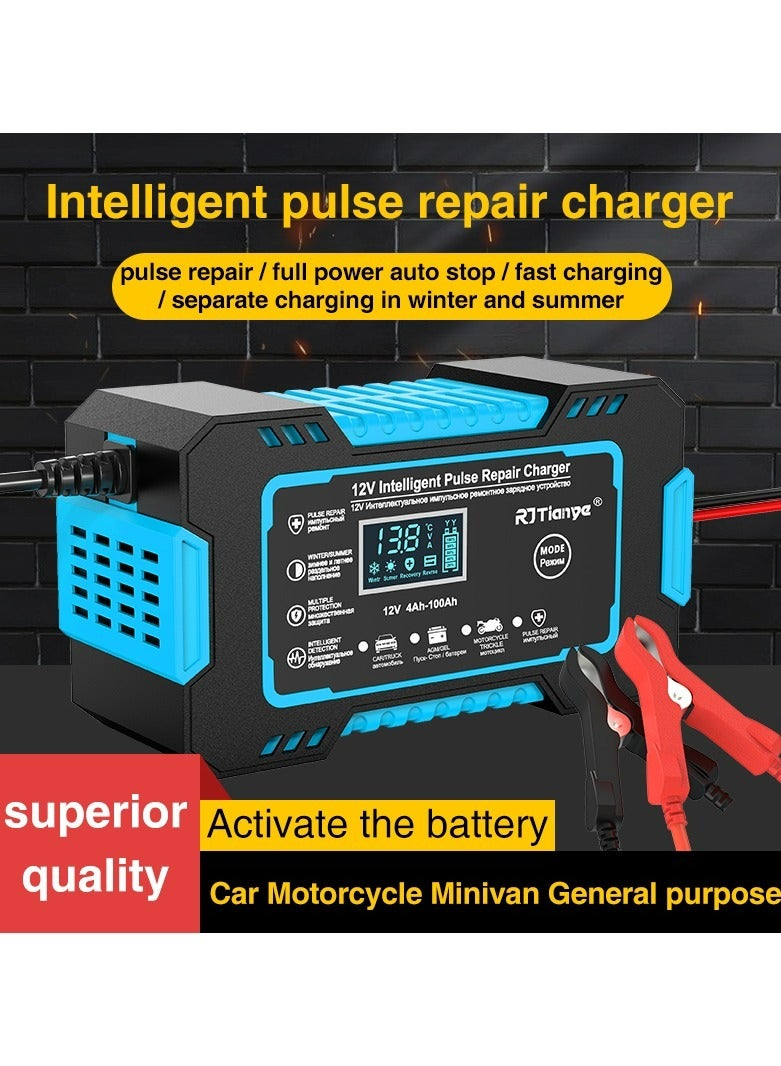 Generic RJTianye Car Battery Charger Smart Battery Trickle Full Automatic Automotive 12V Pulse Repair LED Display Smart Fast Charge Deep Cycle Lead-Acid Charger Maintainer Desulfator with Temperature Compensation for Car Truck Motorcycle Lawn Mower Marine RJ-C 120501A (Blue)  - Image 2