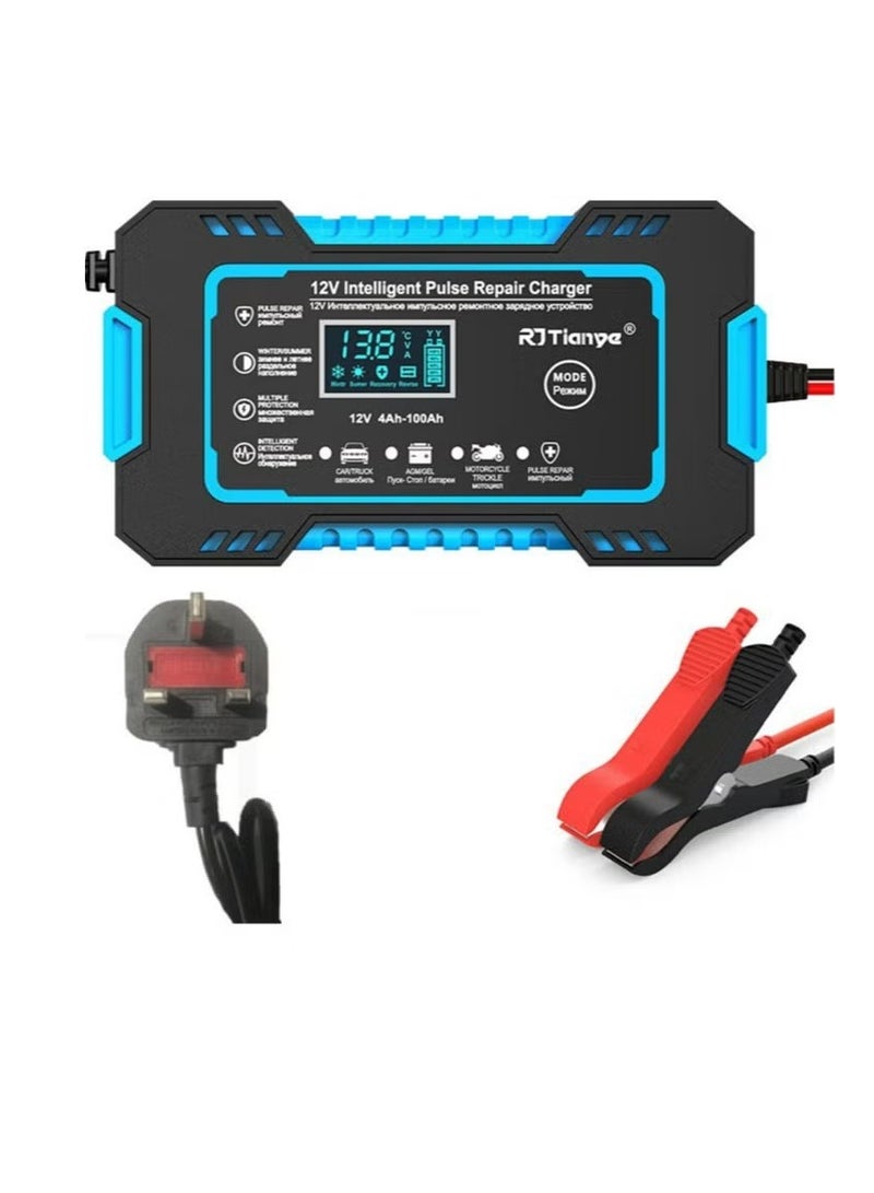 Generic RJTianye Car Battery Charger Smart Battery Trickle Full Automatic Automotive 12V Pulse Repair LED Display Smart Fast Charge Deep Cycle Lead-Acid Charger Maintainer Desulfator with Temperature Compensation for Car Truck Motorcycle Lawn Mower Marine RJ-C 120501A (Blue)  - Image 1