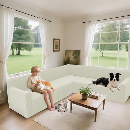 Arfntevss Stretch Sectional Couch Covers L Shaped Corner Sectional Sofa Cover Washable Jacquard Soft Fleece U Shape Sofa Slipcovers Anti Slip Furniture Protector for Dogs Pets (Large, Cream) - Image 2