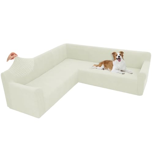 Arfntevss Stretch Sectional Couch Covers L Shaped Corner Sectional Sofa Cover Washable Jacquard Soft Fleece U Shape Sofa Slipcovers Anti Slip Furniture Protector for Dogs Pets (Large, Cream) - Image 1