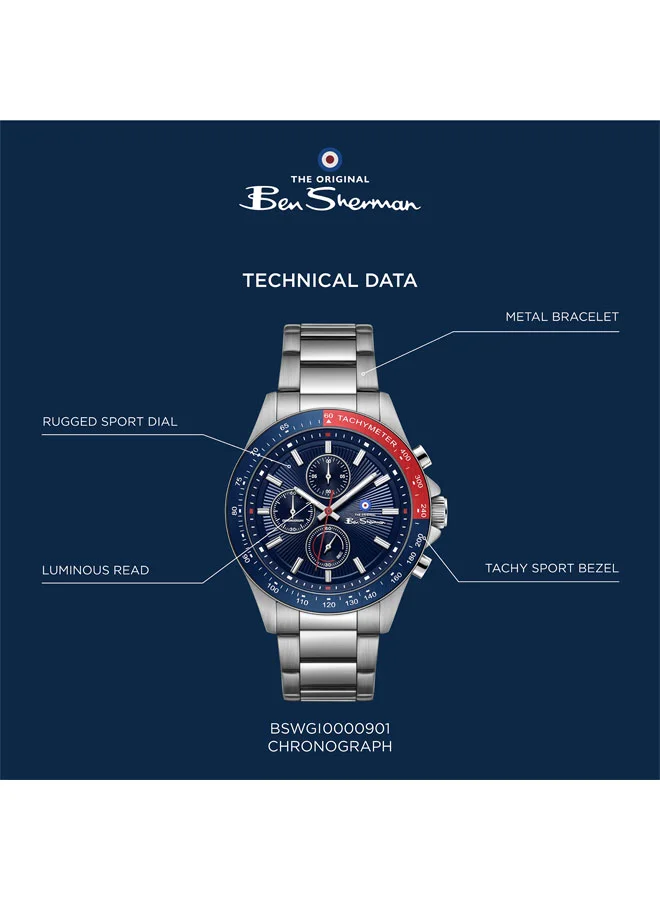 Ben Sherman Blue Winchester Blue Dial Stainless Steel Bracelet Chronograph Watch for Men, 43.2mm for Men | Best Price UAE