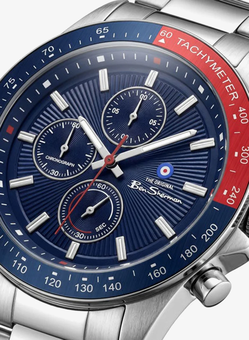 Ben Sherman Winchester Blue Dial Stainless Steel Bracelet Chronograph Watch for Men, 43.2mm