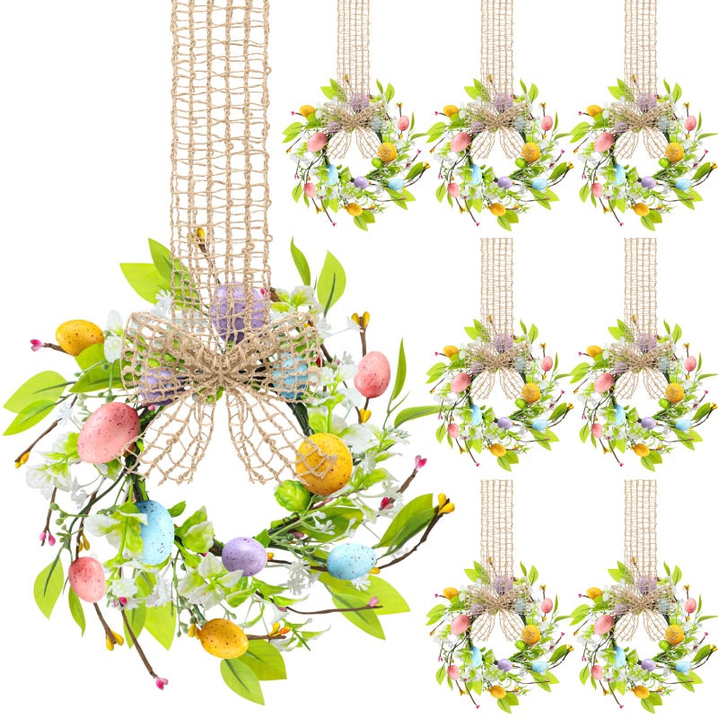 Dingion 8 Pcs 4" Mini Easter Candle Rings Wreaths Small Spring Kitchen Cabinet Wreath Artificial Easter Egg with Ribbon Bow for Window Front Door Table Centerpiece Farmhouse Wall Decor - Image 1