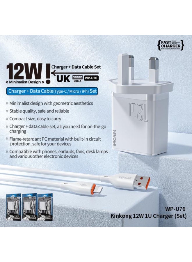 WEKOME WK WP-U76 Kinkong 12W USB Charger Set - UK Plug - With Type-C Cable - Image 4