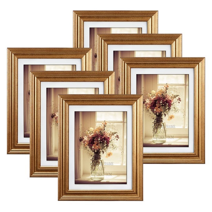 5X7 PICTURE FRAMES GOLD 6 PACK DISPLAY PICTURES 5X7 WITH MAT OR 6X8 WITHOUT MAT PHOTO FRAMES FOR WALL MOUNT OR TABLE TOP