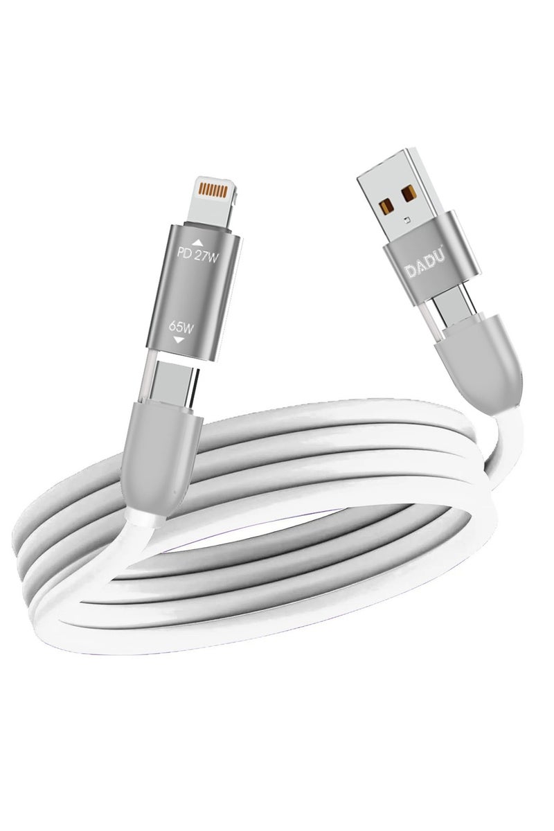 دادو كابل USB-C 4 في 1 مع شاشة عرض القوة الكهربائية (65 واط) - اشحن 4 أجهزة بكابل واحد! يتميز بوجود USB-C، وLightning، وMicro USB، وUSB-A. شحن سريع بقدرة 65 واط، ومزامنة البيانات، وعرض الطاقة في الوقت الفعلي. نايلون مسطح مضفر من أجل المتانة والاستخدام الخالي من التشابك. - Image 1