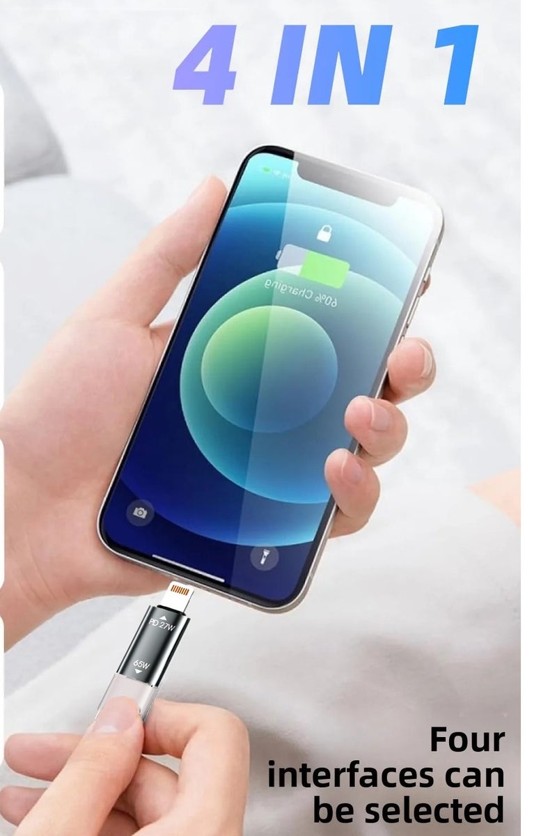 دادو كابل USB-C 4 في 1 مع شاشة عرض القوة الكهربائية (65 واط) - اشحن 4 أجهزة بكابل واحد! يتميز بوجود USB-C، وLightning، وMicro USB، وUSB-A. شحن سريع بقدرة 65 واط، ومزامنة البيانات، وعرض الطاقة في الوقت الفعلي. نايلون مسطح مضفر من أجل المتانة والاستخدام الخالي من التشابك. - Image 2