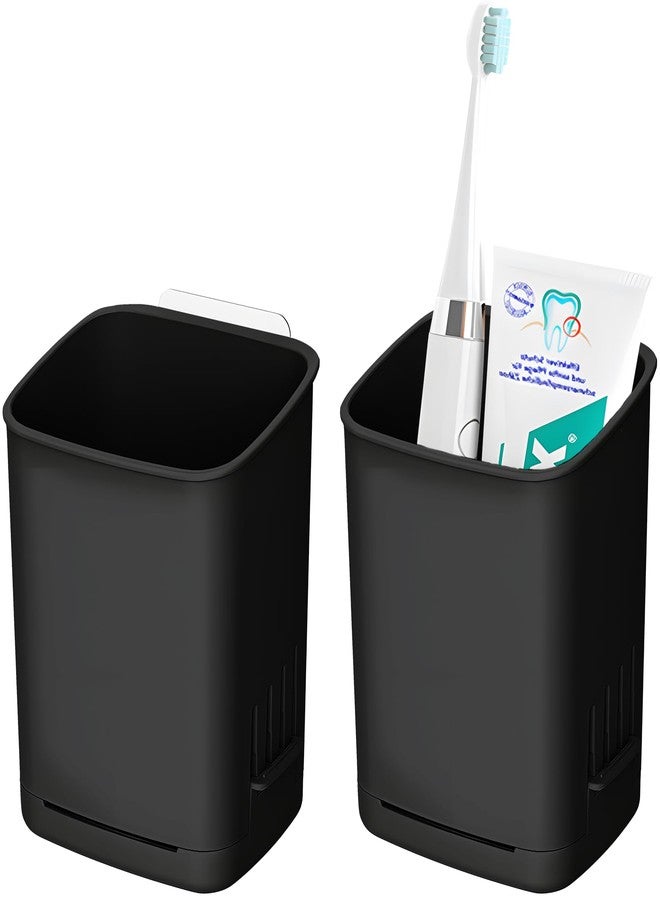 SIBRANT 2 Pack Wall Mounted Toothbrush Holders，Removable Drill-Free Wall Shower Holder for Toothbrush,Toothpaste, Razor, Self-draining Self Adhesive Cup in Shower, Kitchen Tableware Organizer (Black - Image 1