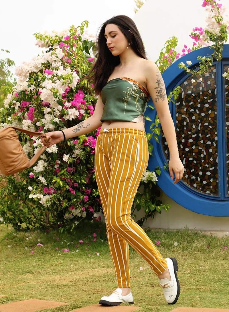 PINACOLADA Women's Mustard Yellow Striped Trackpants