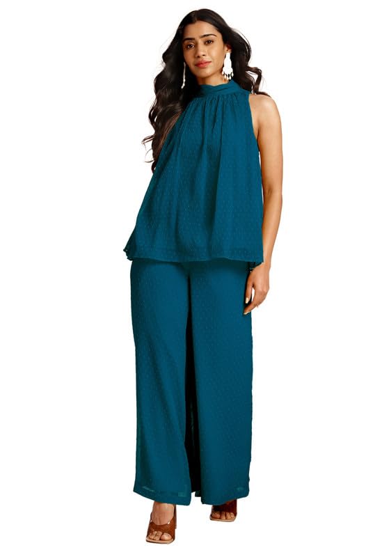 Janasya Women's Teal Chiffon Woven Design Gathered Co-Ord Set (JAB24CD00489-XS) - Image 1