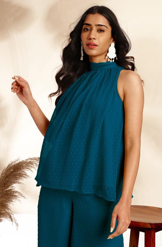 Janasya Women's Teal Chiffon Woven Design Gathered Co-Ord Set (JAB24CD00489-XS) - Image 4