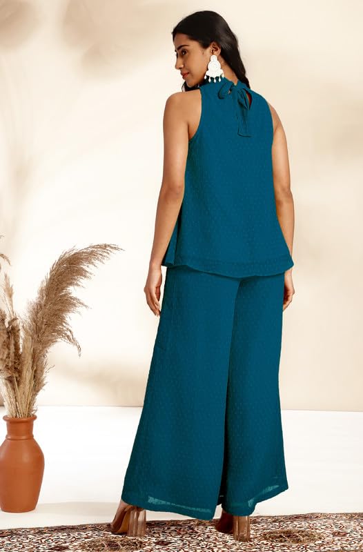 Janasya Women's Teal Chiffon Woven Design Gathered Co-Ord Set (JAB24CD00489-XS) - Image 5