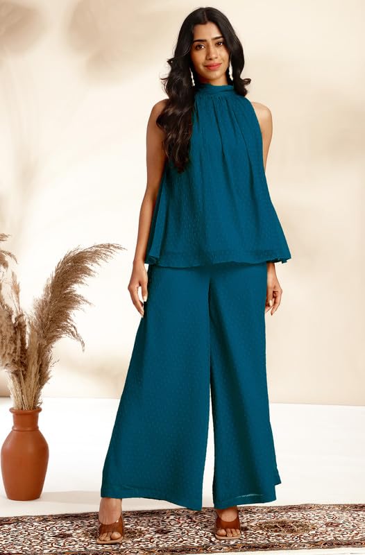 Janasya Women's Teal Chiffon Woven Design Gathered Co-Ord Set (JAB24CD00489-XS) - Image 2