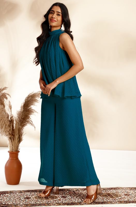 Janasya Women's Teal Chiffon Woven Design Gathered Co-Ord Set (JAB24CD00489-XS) - Image 3