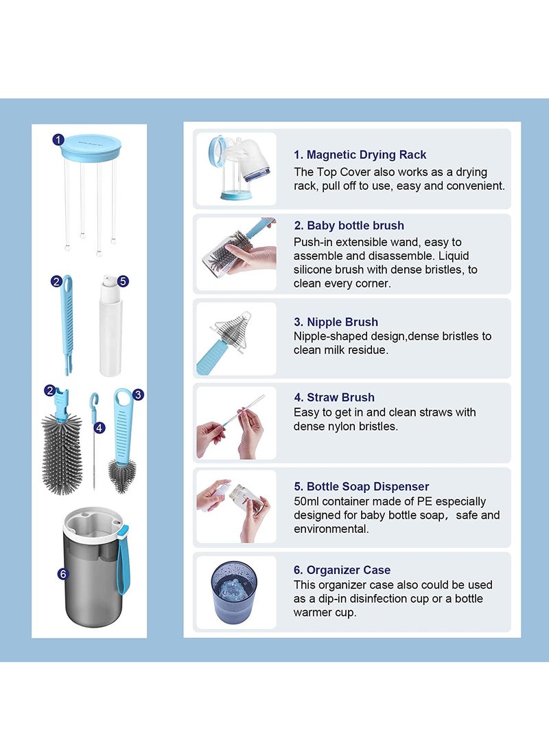 PYLCO SMART Baby Bottle Brush Kit Travel Feeding Bottle Cleaning Set Nursing Bottle Cleaner with Extendable Silicone Bottle Brush/Nipple Brush/Straw Brush/Drying Rack/Soap Dispenser - Image 3