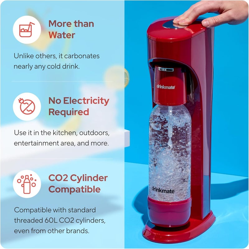 DrinkMate OmniFizz Sparkling Beverage Maker CO2 Bundle - Sparkling Water/Soda Streaming Machine That Carbonates Any Drink - Includes 1 CO2 Cylinder, 1 Carbonation Bottle, 1 Fizz Infuser - Royal Red - Image 3