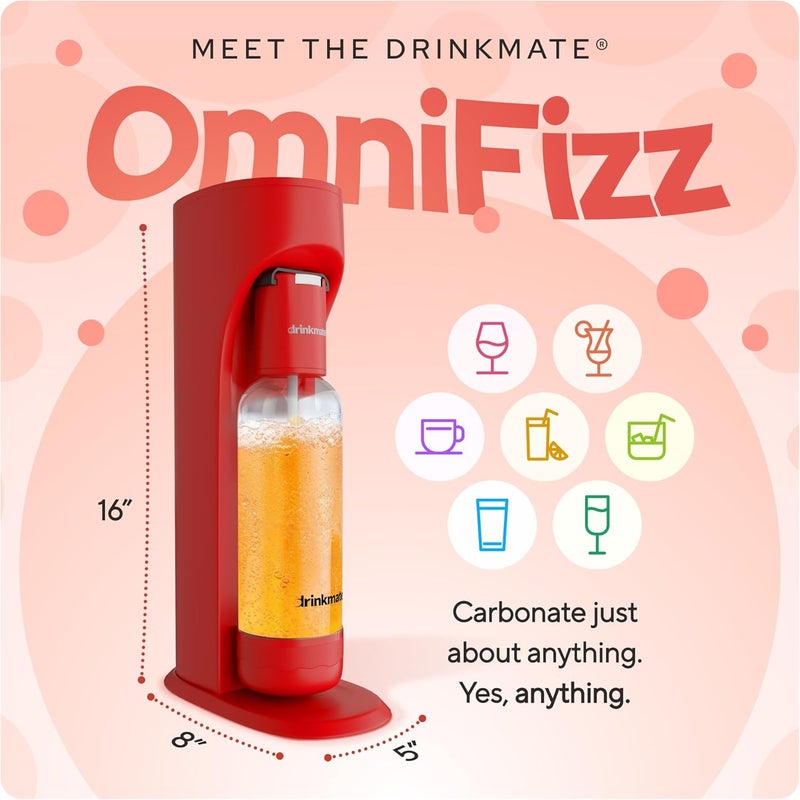 DrinkMate OmniFizz Sparkling Beverage Maker CO2 Bundle - Sparkling Water/Soda Streaming Machine That Carbonates Any Drink - Includes 1 CO2 Cylinder, 1 Carbonation Bottle, 1 Fizz Infuser - Royal Red - Image 2