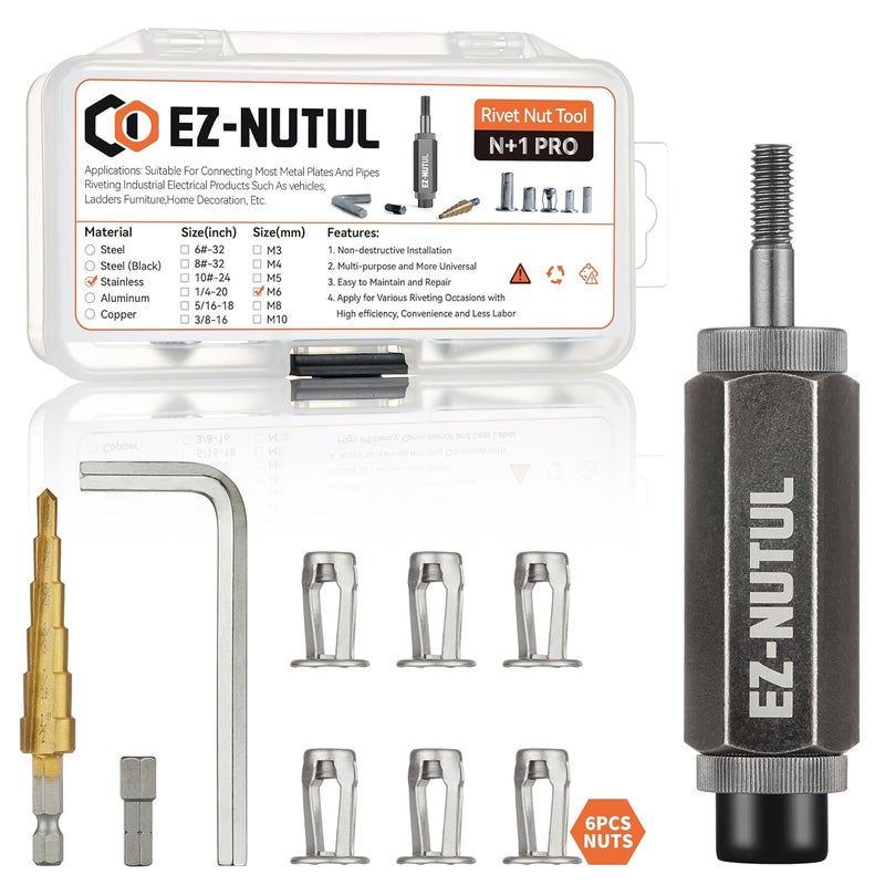 EZ-NUTUL Jack nut Installation Tool Set Hand Thread Insert Jacknuts Assortment Kit for Thin Metal Plastic Polywood Pressboard Hardboard (M6 (Jack Nut Tool-6pcs, Long, Stainless)) - Image 1
