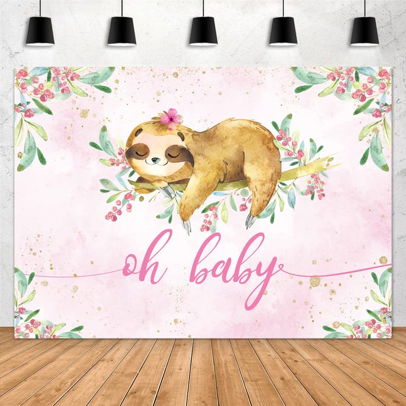 Aperturee Sloth Oh Baby Backdrop 7x5ft Cherry Green Leaves Sweet Pink Girls Baby Shower Photogrphy Background Newborn Announce Pregnancy Party Decorations Supplies Banner Photo Studio Props
