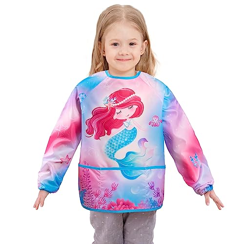 WERNNSAI Kids Art Smock for Girls Mermaid Kids Aprons Waterproof Toddler Art Painting Smock for Girl 68 with Long Sleeve and 3 Pockets Painting Eating Cooking Baking Gardening Apron - Image 1