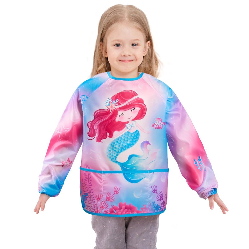 WERNNSAI Kids Art Smock for Girls Mermaid Kids Aprons Waterproof Toddler Art Painting Smock for Girl 68 with Long Sleeve and 3 Pockets Painting Eating Cooking Baking Gardening Apron - Image 2