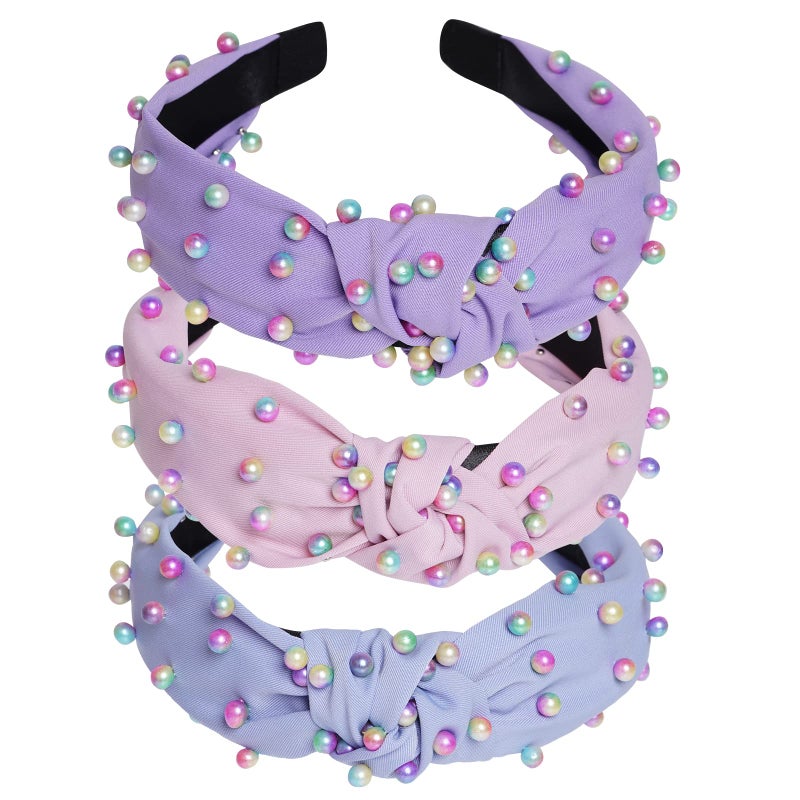 Sucrain 3 Pcs Pearl Knotted Headbands for Women Girls Colorful Jeweled Embellished Gem Faux Pearl Cross Knot Twisted Hairband Turban Headband Hair AccessoriesPinkBluePurple