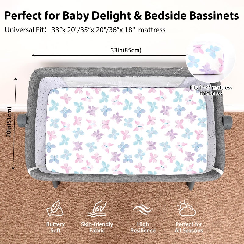 FIEMOL Baby Bedside Bassinet Sheets Girl, 33â€x20â€ Compatible with Baby Delight Dream On Me & Most Rectangle Bedside Sleeper Bassinet Mattress, Super Soft Microfiber Pink Butterfly Flower - Image 3