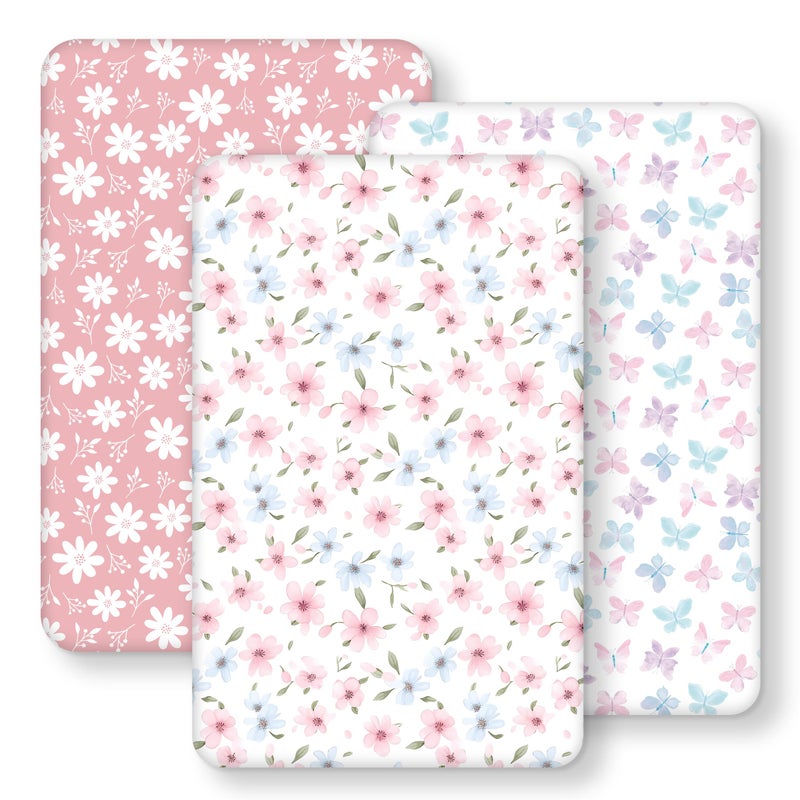 FIEMOL Baby Bedside Bassinet Sheets Girl, 33â€x20â€ Compatible with Baby Delight Dream On Me & Most Rectangle Bedside Sleeper Bassinet Mattress, Super Soft Microfiber Pink Butterfly Flower - Image 1