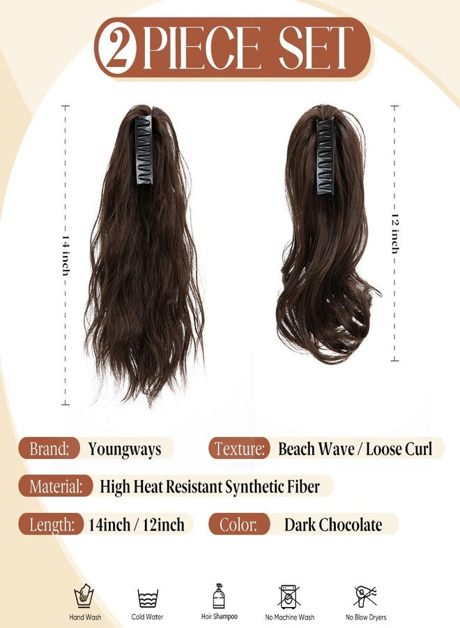 youngways 2 PCS Ponytail Extensions Claw Clip Short Pony Tails Wavy Curly Synthetic Hairpieces for Women 12 Inch + 14Inch Set Dark Chocolate - Image 2