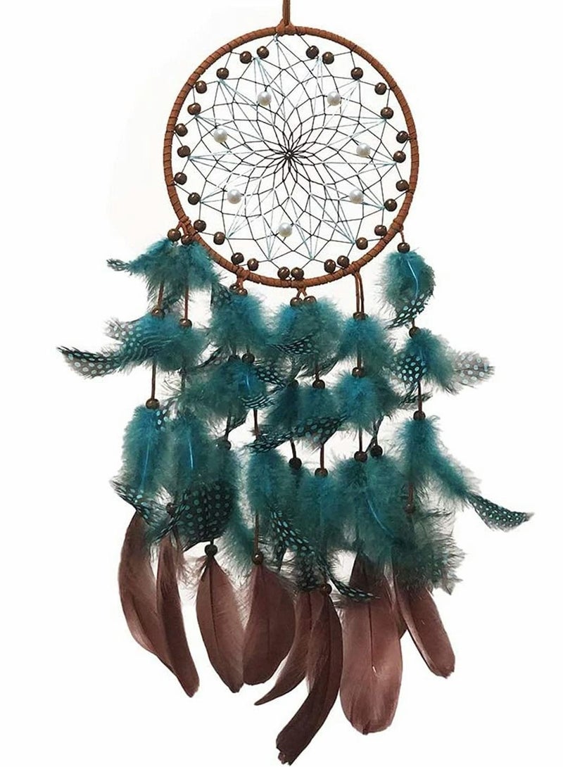 Captaintech Blue Dream Catchers, Boho Handmade Pearl and Wooden Beads Blue Feather Traditional Circular Net for Wall Hanging Decor, Art Ornament Craft Gift, Outdoor Garden Decor, Home Decoration - Image 1